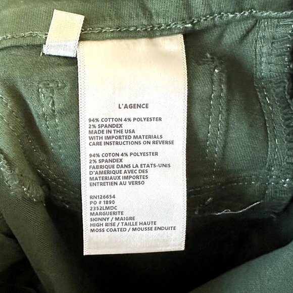 NWT L'AGENCE Marguerite High Rise Skinny Jean in Moss Green Coated - Size 27 - Picture 4 of 12